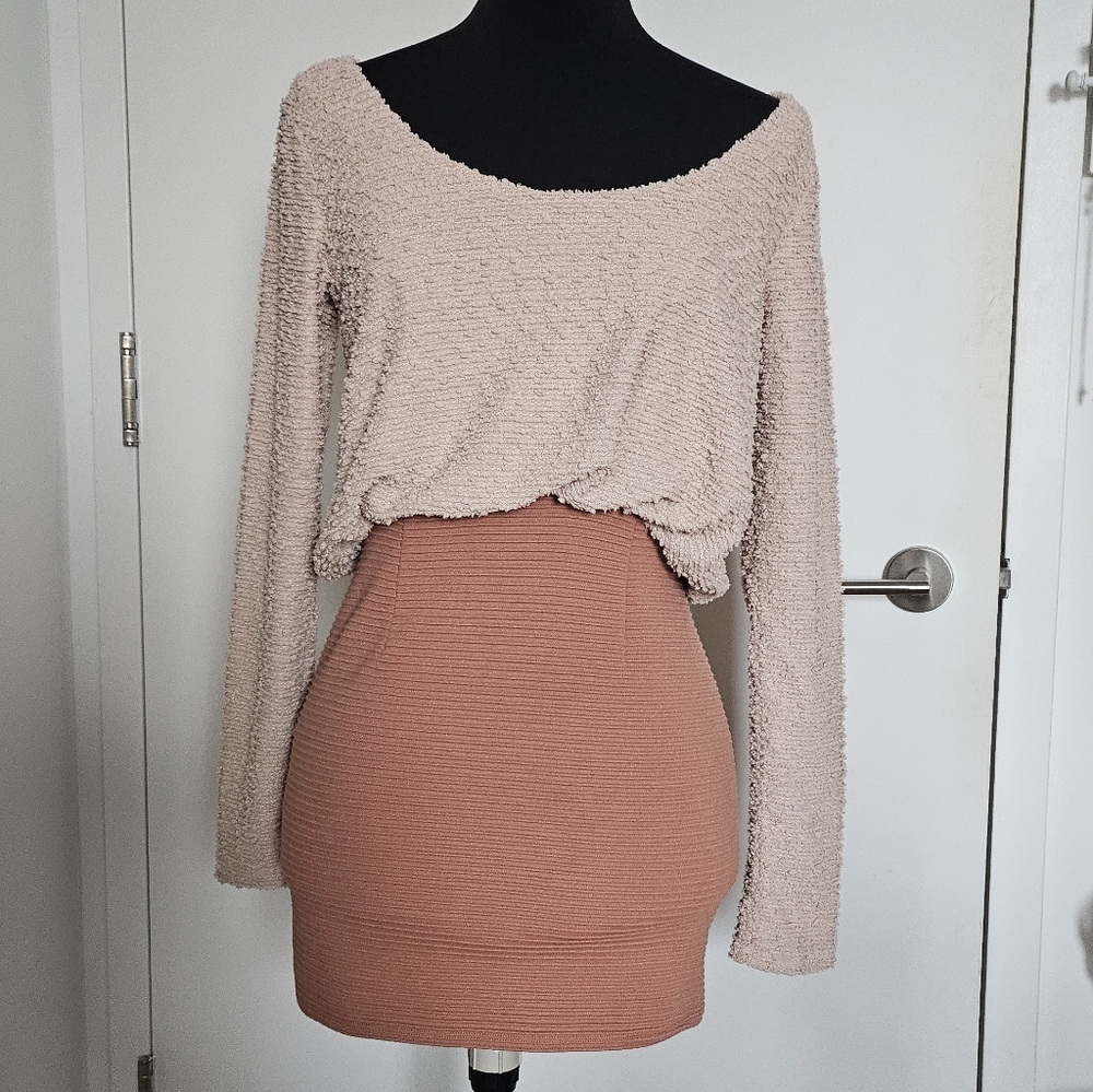 Rienda Onee Gyaru Popcorn & Ribbed Texture Tucked Effect Bodycon Sweater Dress